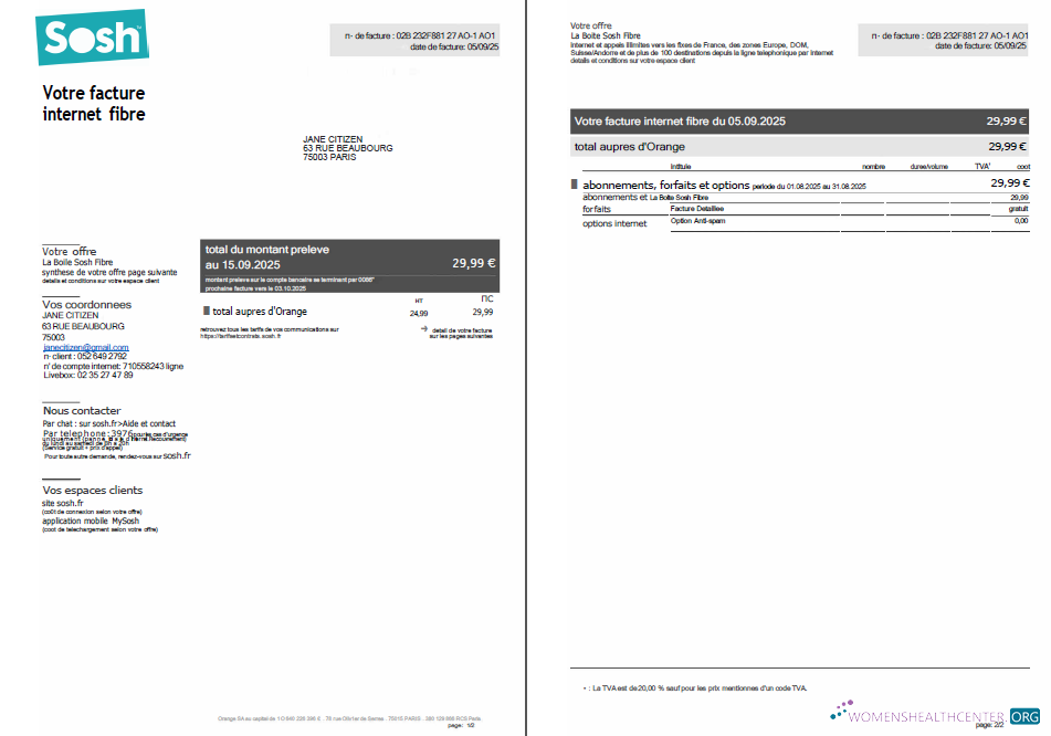 download download France Sosh utility bill template in Word and PDF formats, 2 pages PDF template PDF template